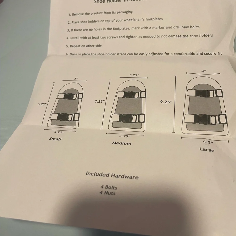 Wheelchair shoes holders with adjustable straps. Includes 4 Bolts and 4 Nuts. - Picture 2 of 6